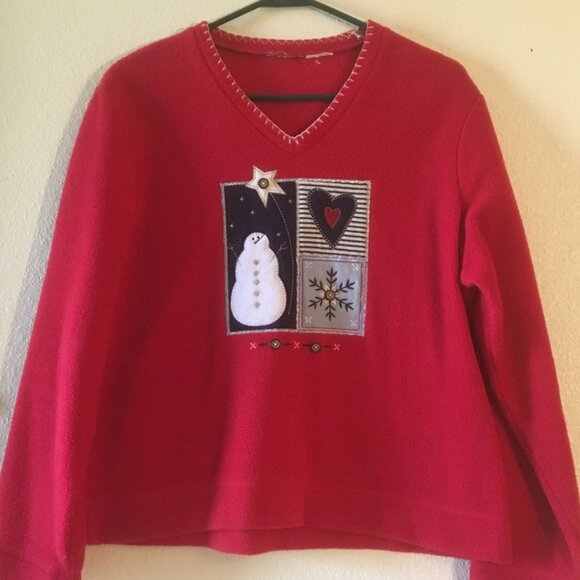 VTG White Stag Ugly Christmas Sweater Fleece Pullover Snowman Hearts Snowflakes - Picture 1 of 3